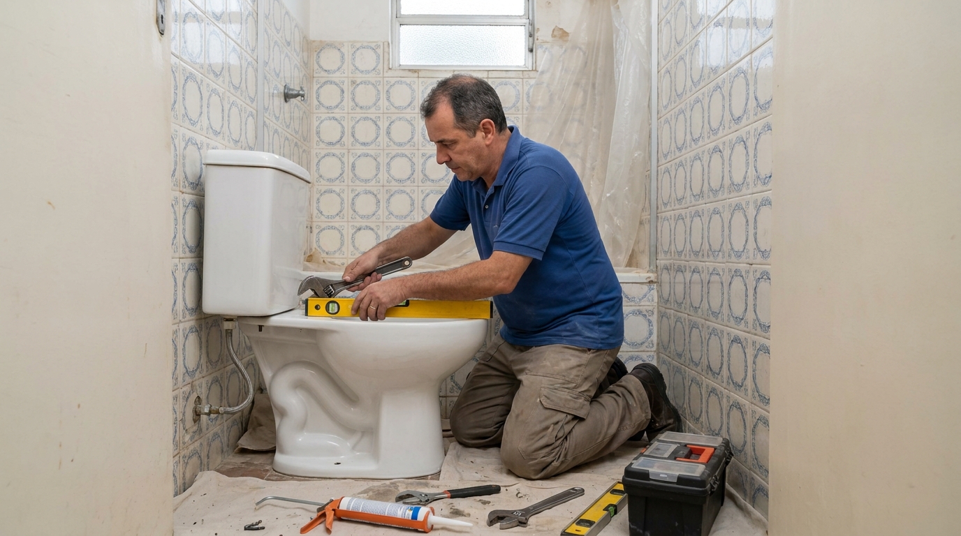 Técnico instalando vaso sanitário em Feira de Santana‑BA